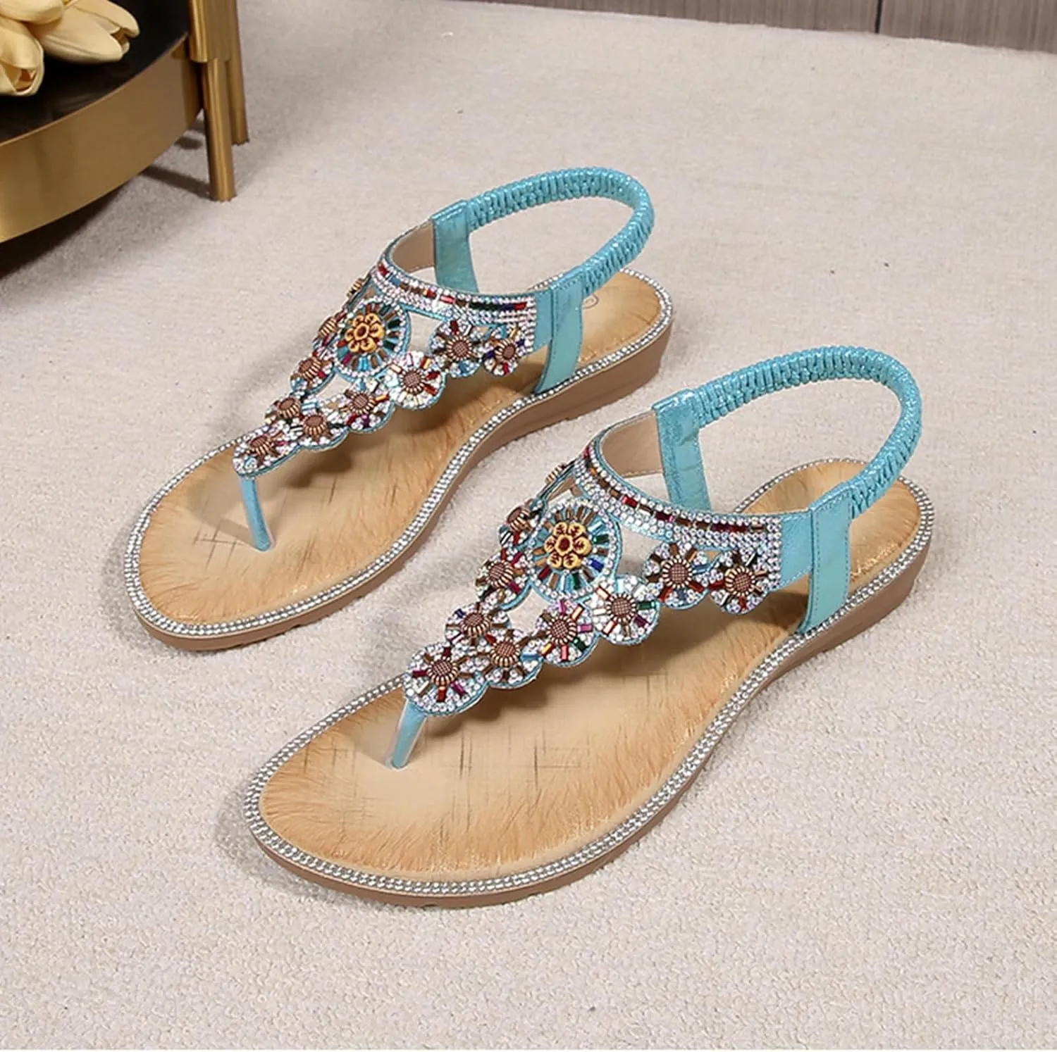 Womens Sandals Dressy Flat T-strap Flat Bohemian Beaded Comfortable Summer Slip On Ankle Elastic Thong Sandals