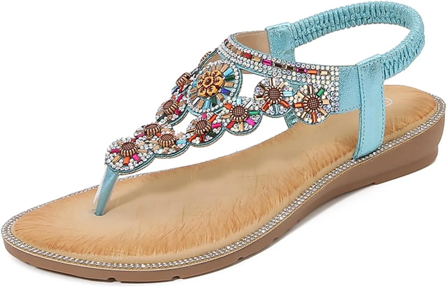 Womens Sandals Dressy Flat T-strap Flat Bohemian Beaded Comfortable Summer Slip On Ankle Elastic Thong Sandals