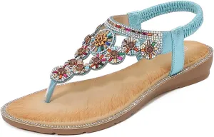 Womens Sandals Dressy Flat T-strap Flat Bohemian Beaded Comfortable Summer Slip On Ankle Elastic Thong Sandals