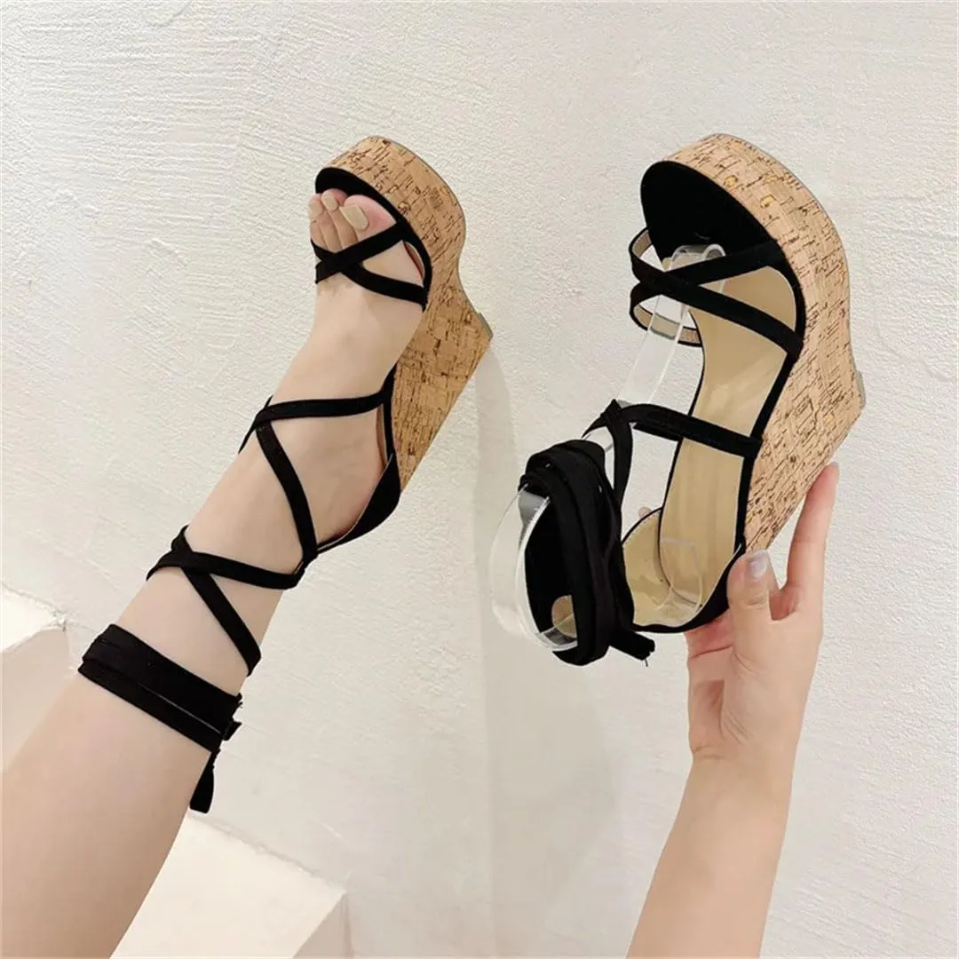 Women's Sexy Super High Wedge Sandals Open Toe Ankle Strap Lace Up Platform Casual Shoes