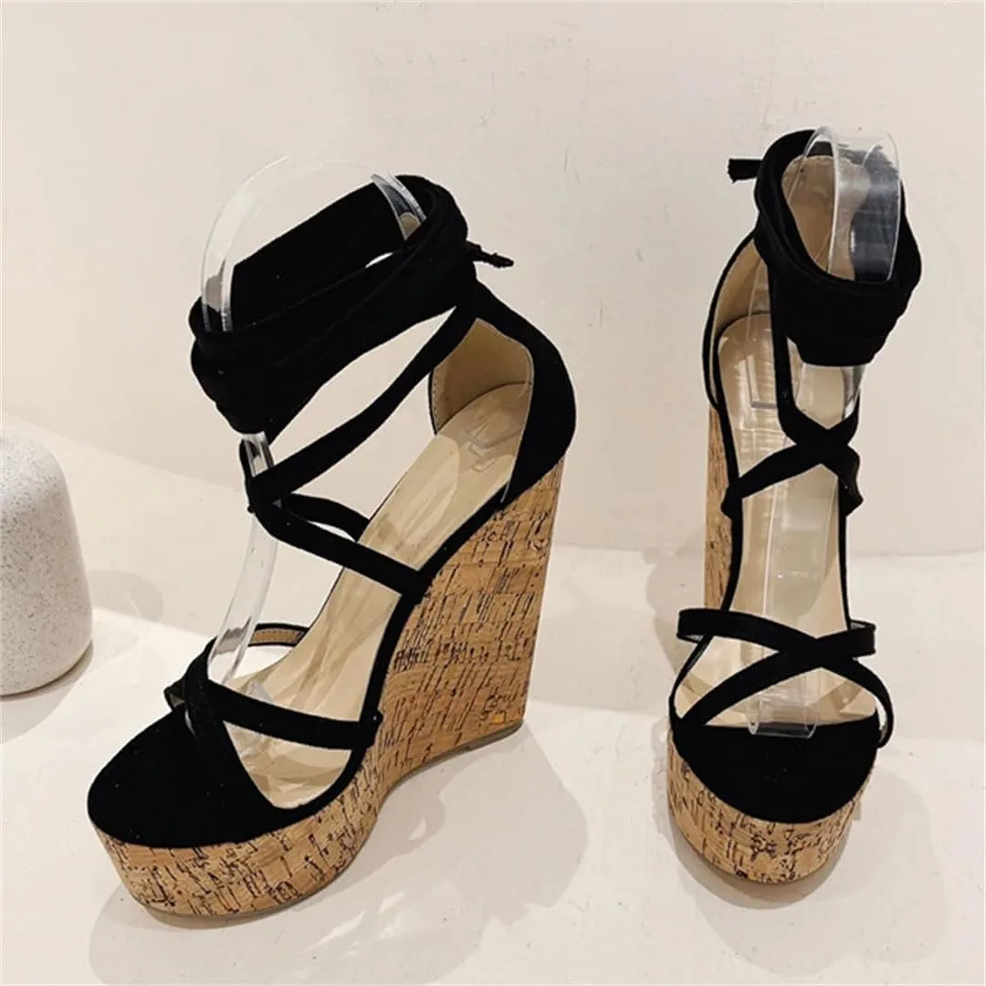 Women's Sexy Super High Wedge Sandals Open Toe Ankle Strap Lace Up Platform Casual Shoes