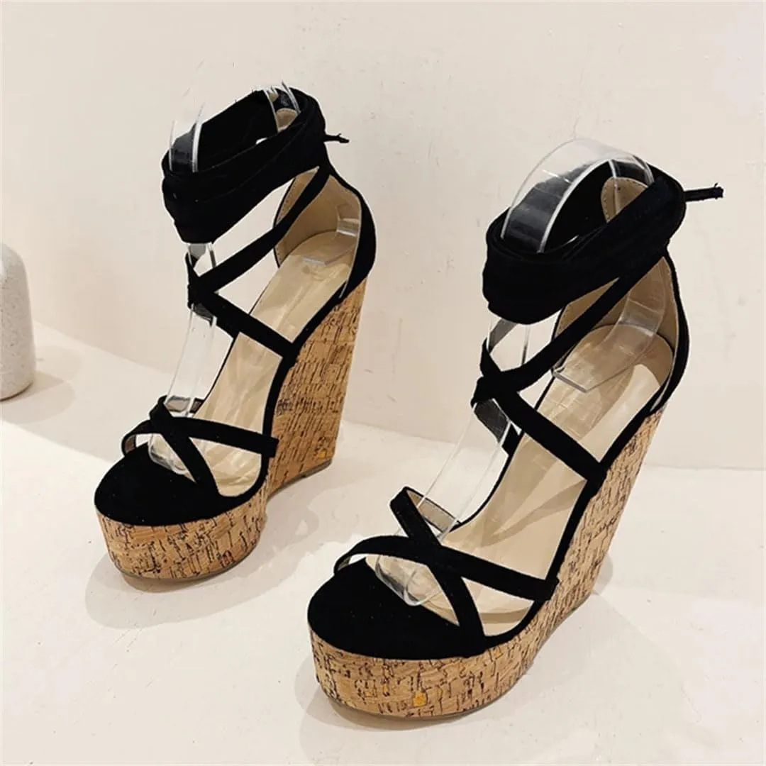 Women's Sexy Super High Wedge Sandals Open Toe Ankle Strap Lace Up Platform Casual Shoes