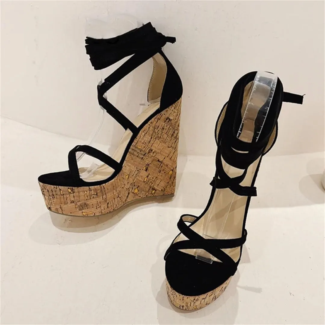 Women's Sexy Super High Wedge Sandals Open Toe Ankle Strap Lace Up Platform Casual Shoes