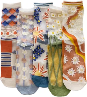 Womens Sheer Socks Fashion Floral Summer Transparent Thin Mesh Lace Elastic Jacquard Crystal Glass Socks (US, Numeric, 7.5, 8.5, Regular, Regular, 5, A B C D E)