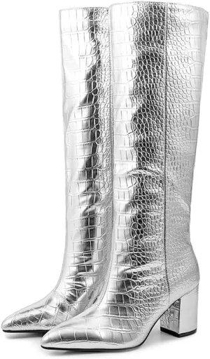 Women's Silver Knee High Boots Chunky Mid Heels Pointed Toe Pull On Shoes