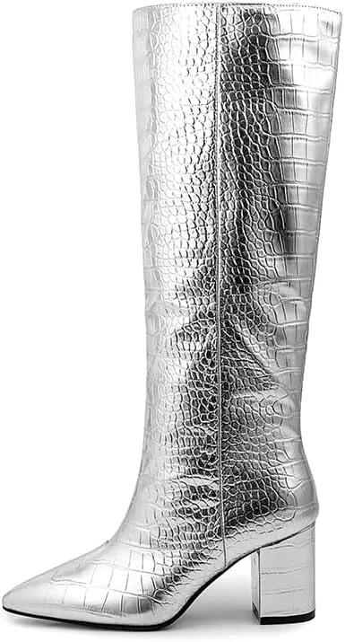 Women's Silver Knee High Boots Chunky Mid Heels Pointed Toe Pull On Shoes