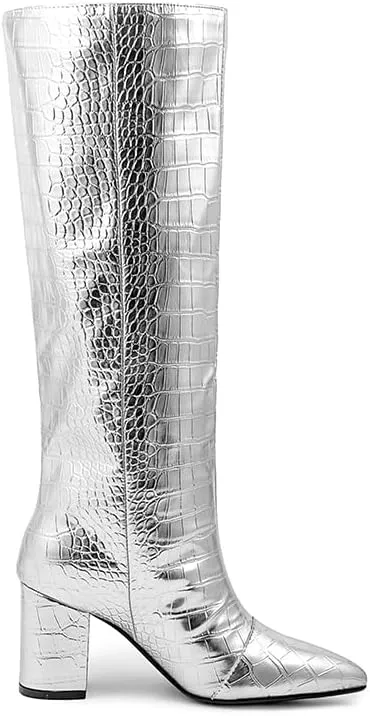 Women's Silver Knee High Boots Chunky Mid Heels Pointed Toe Pull On Shoes