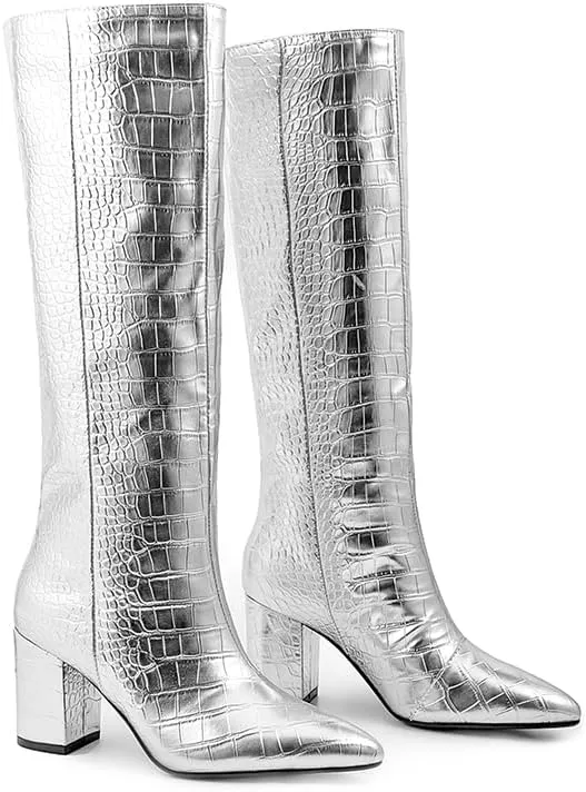 Women's Silver Knee High Boots Chunky Mid Heels Pointed Toe Pull On Shoes