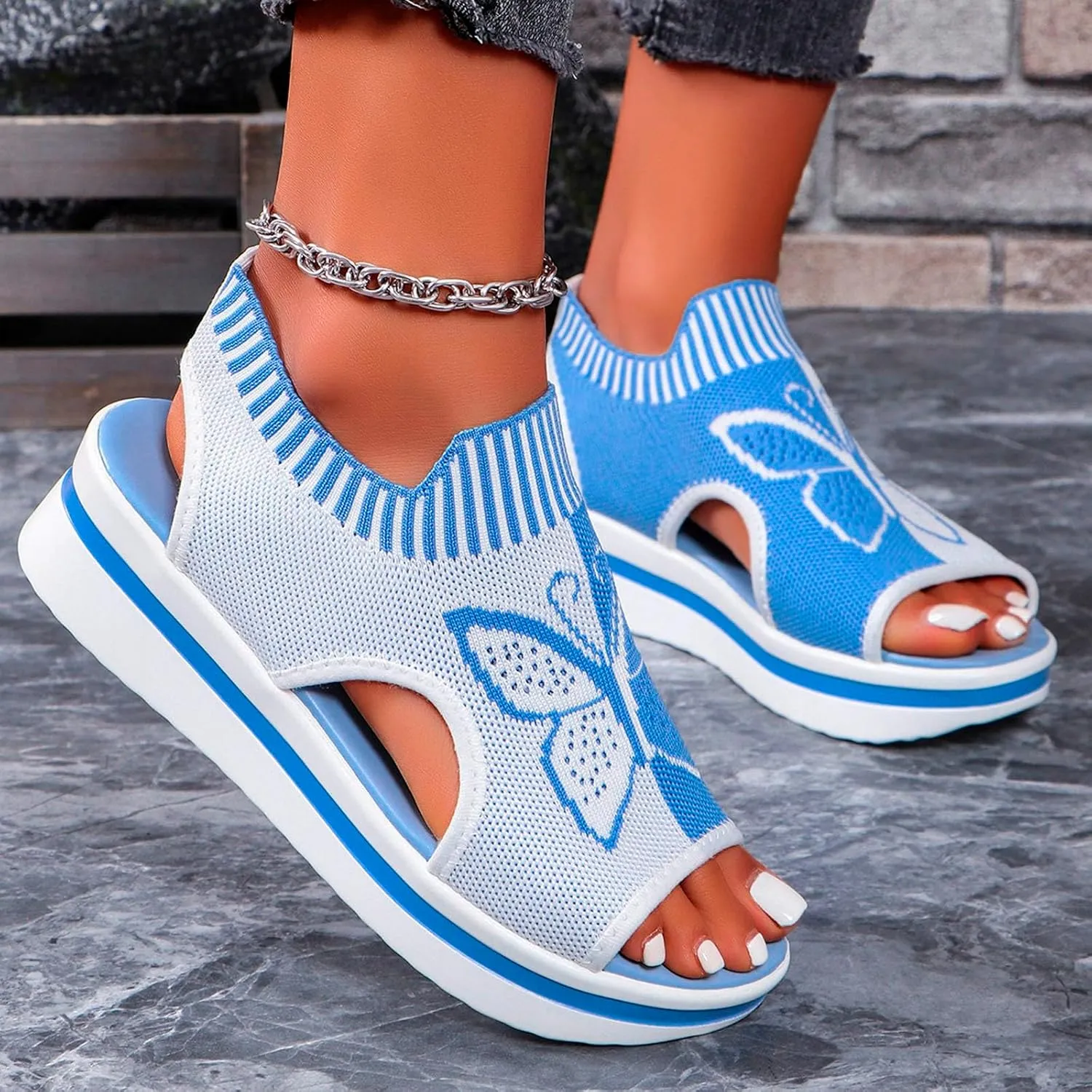 Women's Wedge Platform Sandals Arch Support Knit Slip-On Mesh Design Sandal Breathable Wide Feet Heels Comfort Waterproof Casual Cute Shoes Beach Vacation Summer Outdoor Hiking Dressy Travel Shoes