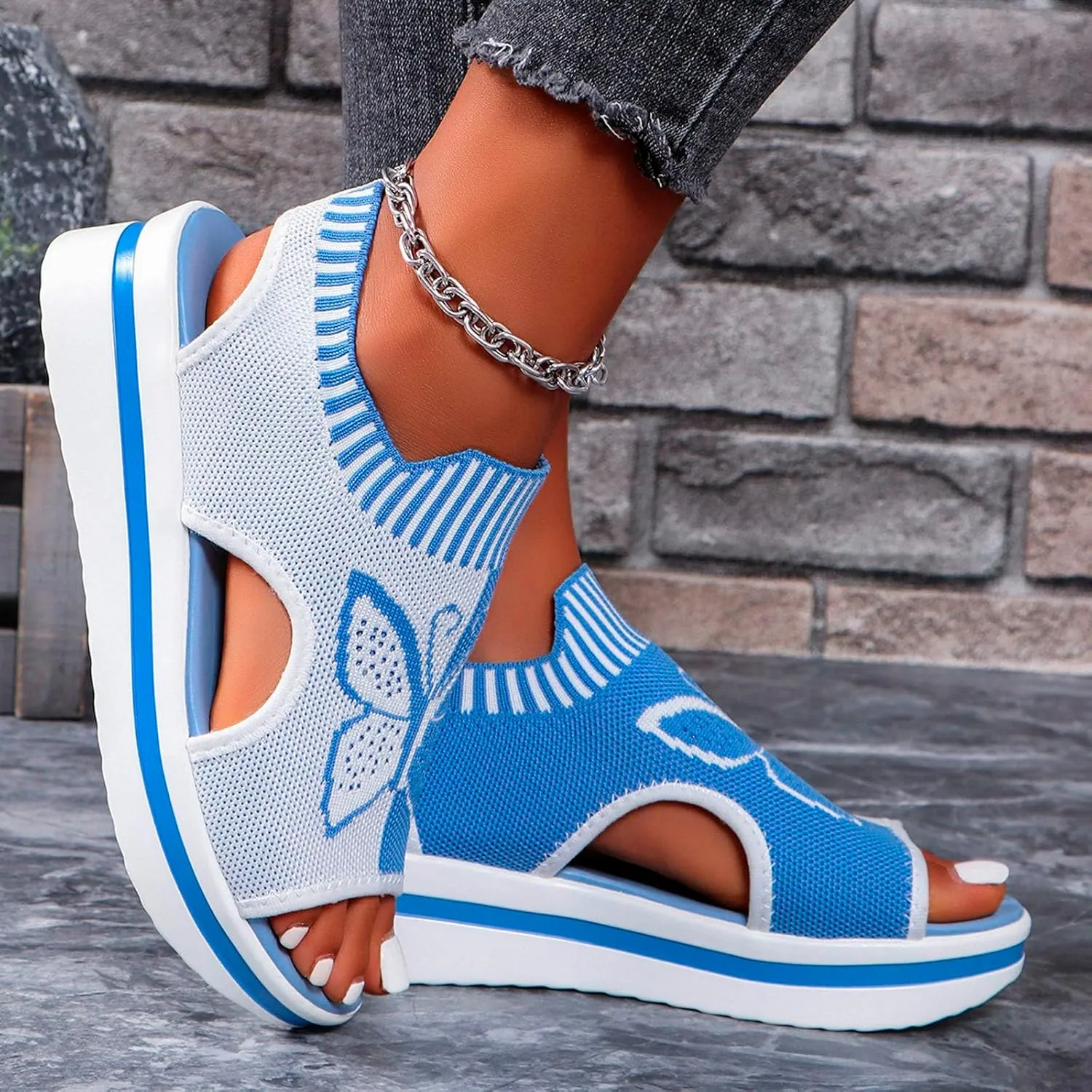 Women's Wedge Platform Sandals Arch Support Knit Slip-On Mesh Design Sandal Breathable Wide Feet Heels Comfort Waterproof Casual Cute Shoes Beach Vacation Summer Outdoor Hiking Dressy Travel Shoes