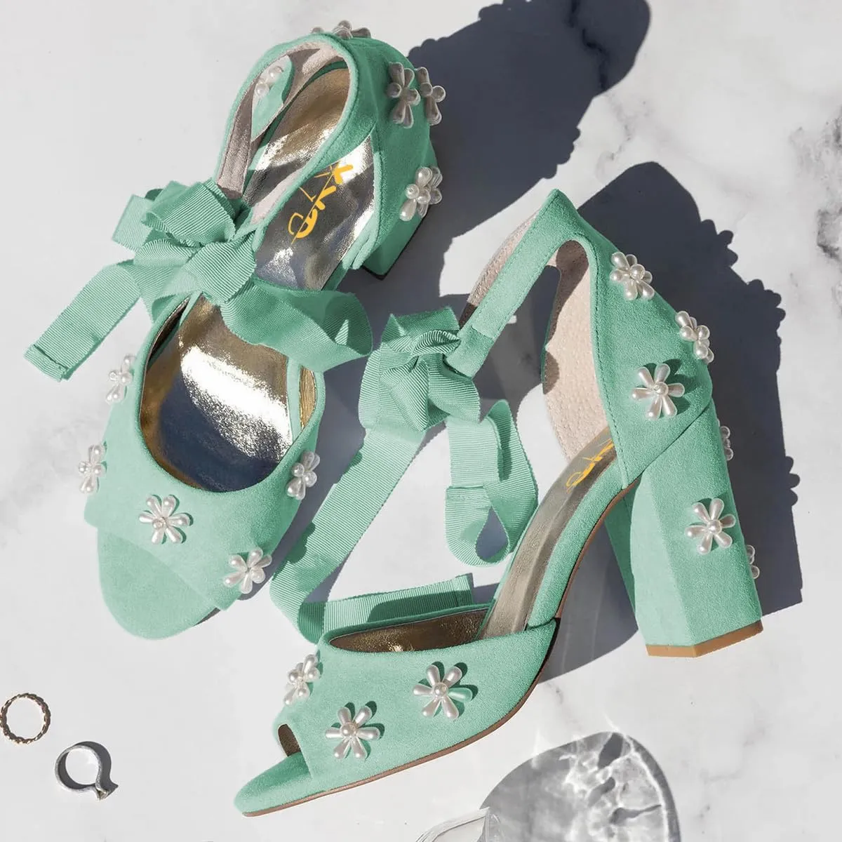 XYD Women Open Toe Sandals with Bloom Pearl Flower Ankle Strap Lace-up Chunky Block Heel Wedding Bridal Shoes