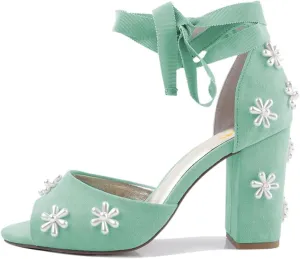 XYD Women Open Toe Sandals with Bloom Pearl Flower Ankle Strap Lace-up Chunky Block Heel Wedding Bridal Shoes