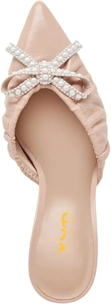 XYD Women Pearl Bowknot Pointed Toe Mid Heel Mules V-Cut Closed Toe Slip-on Sandal Pumps for Wedding Bridal Shoes