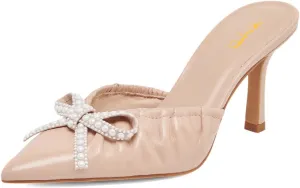 XYD Women Pearl Bowknot Pointed Toe Mid Heel Mules V-Cut Closed Toe Slip-on Sandal Pumps for Wedding Bridal Shoes