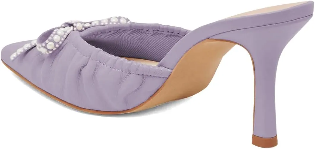 XYD Women Pearl Bowknot Pointed Toe Mid Heel Mules V-Cut Closed Toe Slip-on Sandal Pumps for Wedding Bridal Shoes