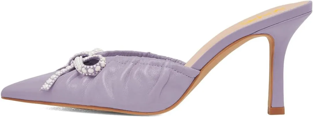 XYD Women Pearl Bowknot Pointed Toe Mid Heel Mules V-Cut Closed Toe Slip-on Sandal Pumps for Wedding Bridal Shoes