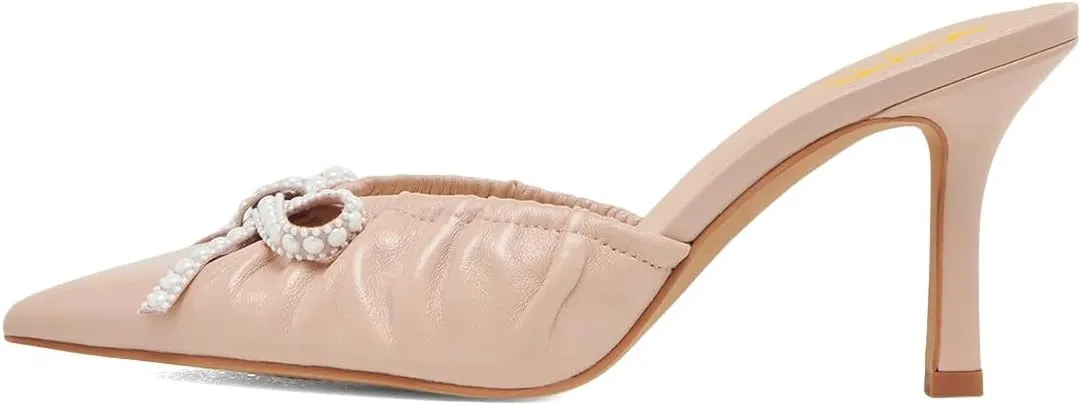 XYD Women Pearl Bowknot Pointed Toe Mid Heel Mules V-Cut Closed Toe Slip-on Sandal Pumps for Wedding Bridal Shoes