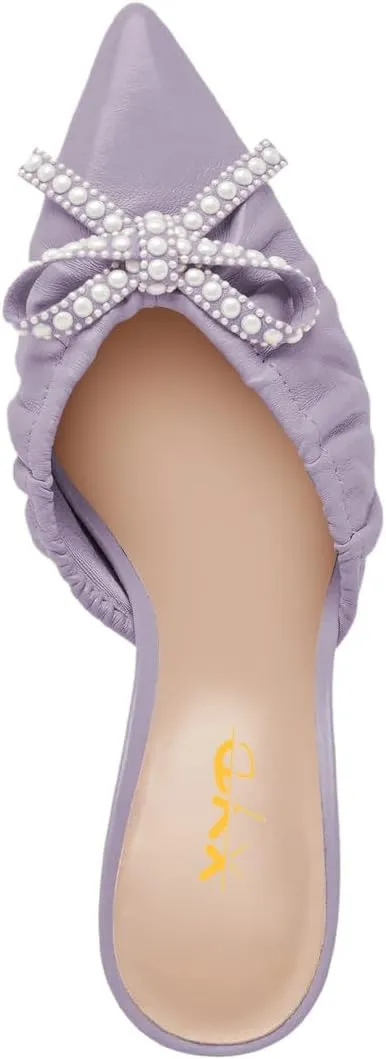 XYD Women Pearl Bowknot Pointed Toe Mid Heel Mules V-Cut Closed Toe Slip-on Sandal Pumps for Wedding Bridal Shoes