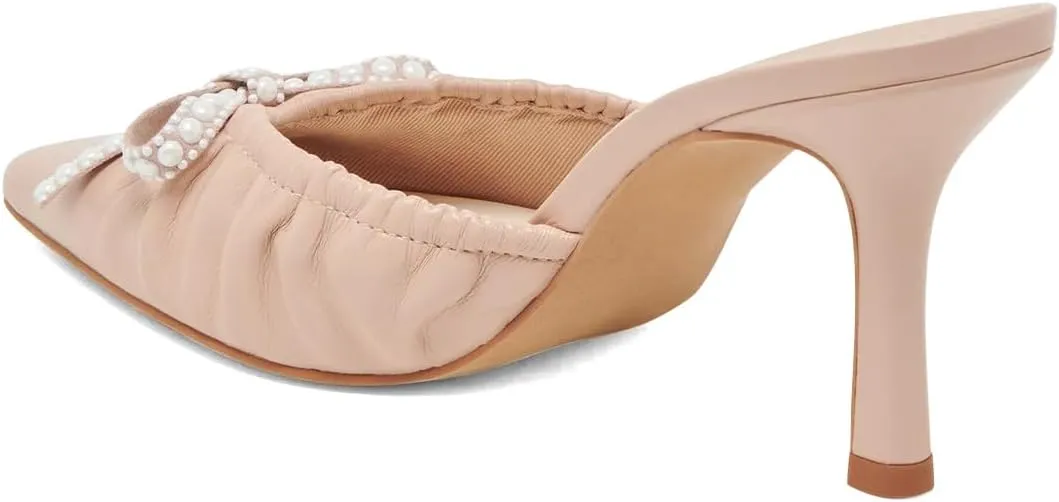 XYD Women Pearl Bowknot Pointed Toe Mid Heel Mules V-Cut Closed Toe Slip-on Sandal Pumps for Wedding Bridal Shoes