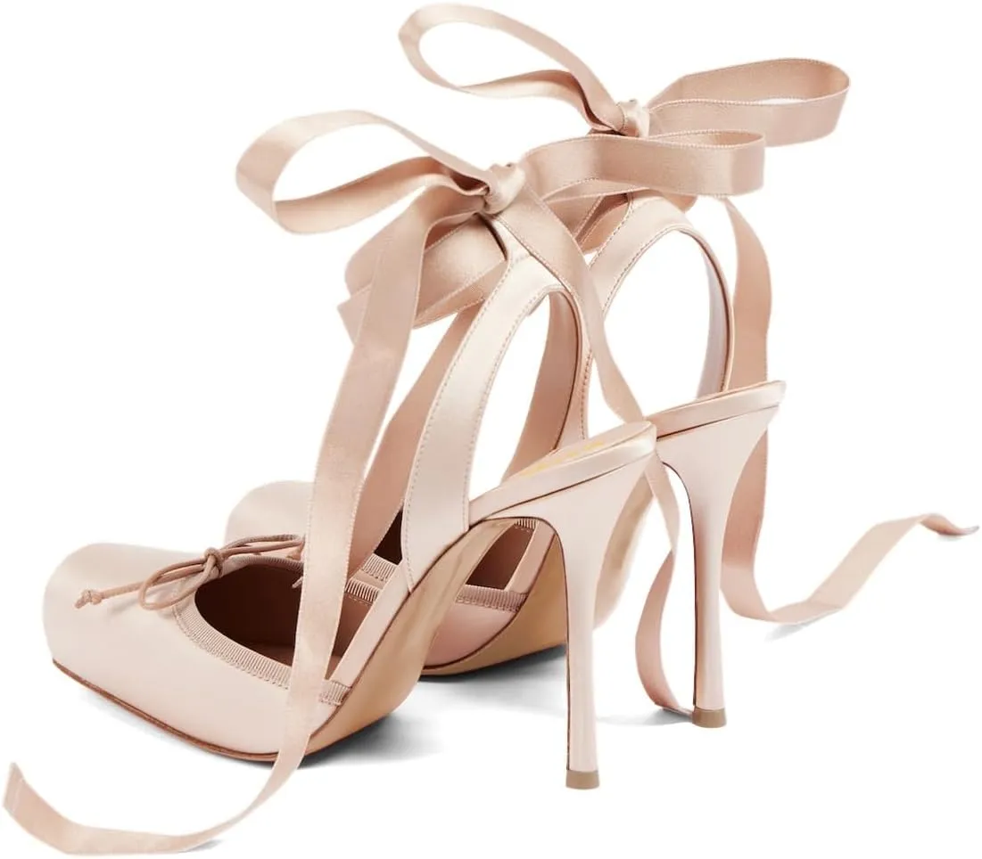 XYD Women Ribbon Lace-up Pumps Square Toe Ankle Strappy Bowknot High Heels Stiletto Evening Prom Sandal Shoes