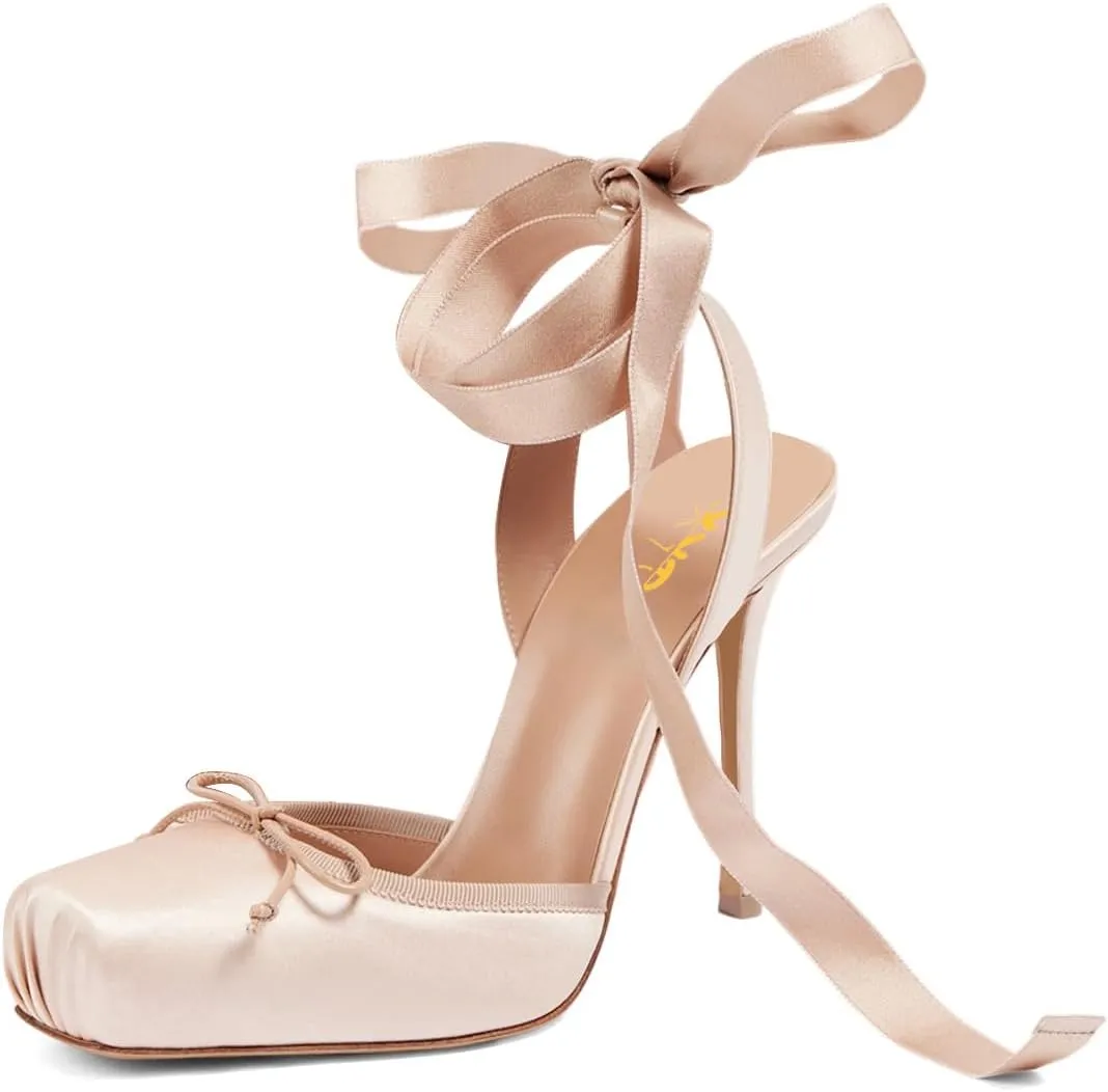 XYD Women Ribbon Lace-up Pumps Square Toe Ankle Strappy Bowknot High Heels Stiletto Evening Prom Sandal Shoes