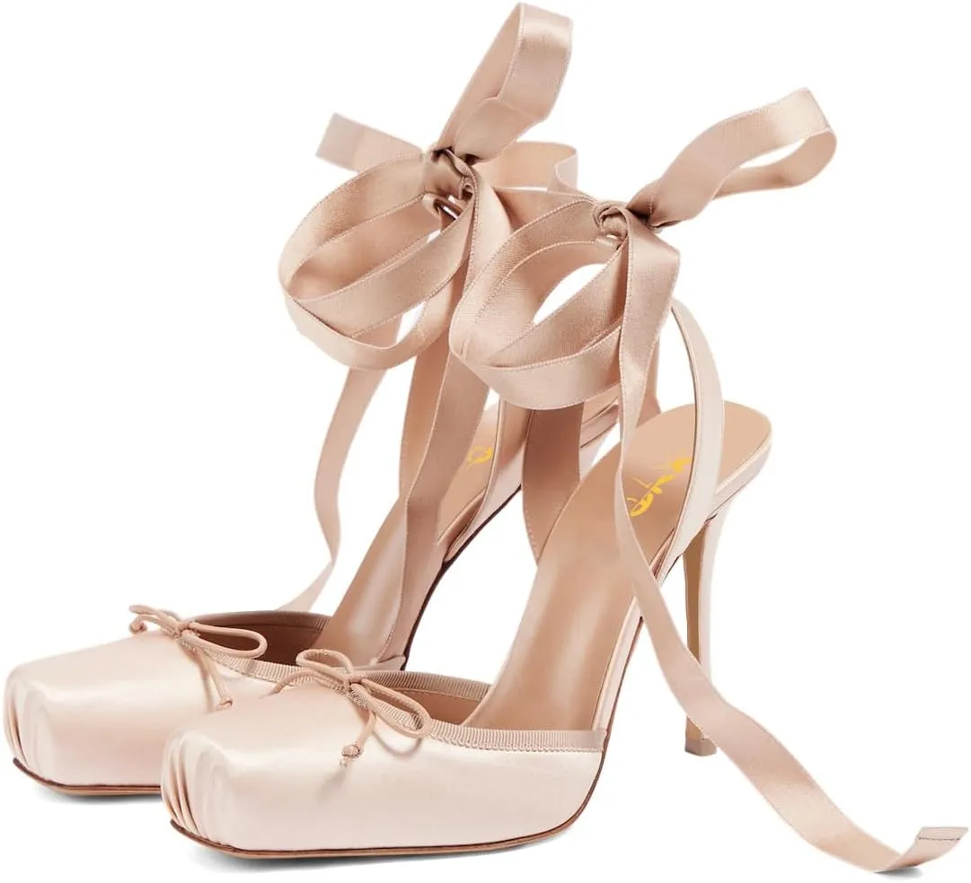XYD Women Ribbon Lace-up Pumps Square Toe Ankle Strappy Bowknot High Heels Stiletto Evening Prom Sandal Shoes