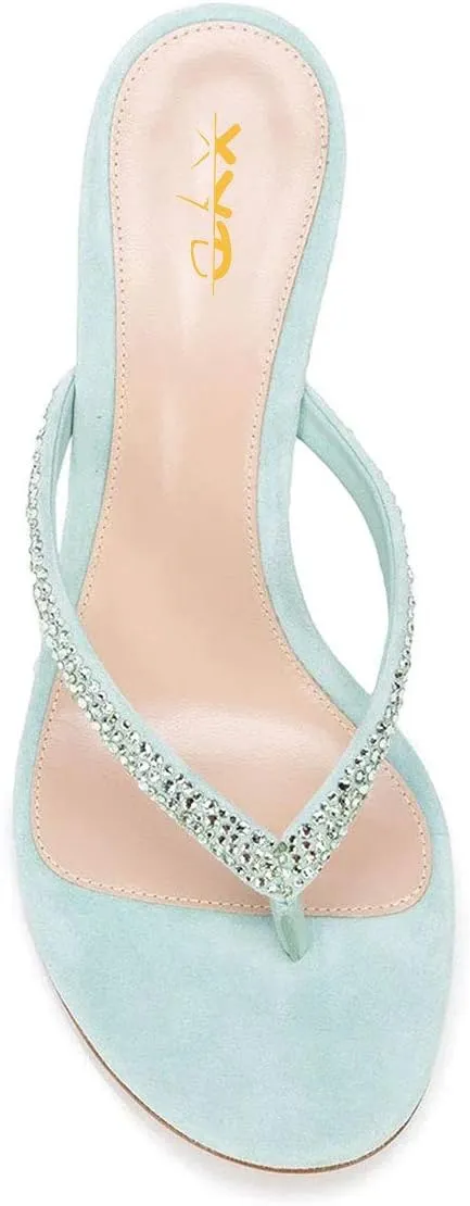 XYD Women's Rhinestones Studded Thong Sandals Open Toe Low Heel Slip On Flip Flops Summer Party Sea Beach Shoes