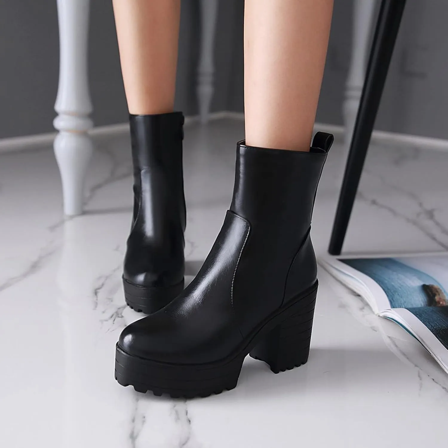 Yck-SAiWed Winter Platform Boots for Women Fashion Lug Sole Ankle Boots Dressy Round Toe Chunky Block Heel Go Go Boots with Side Zipper