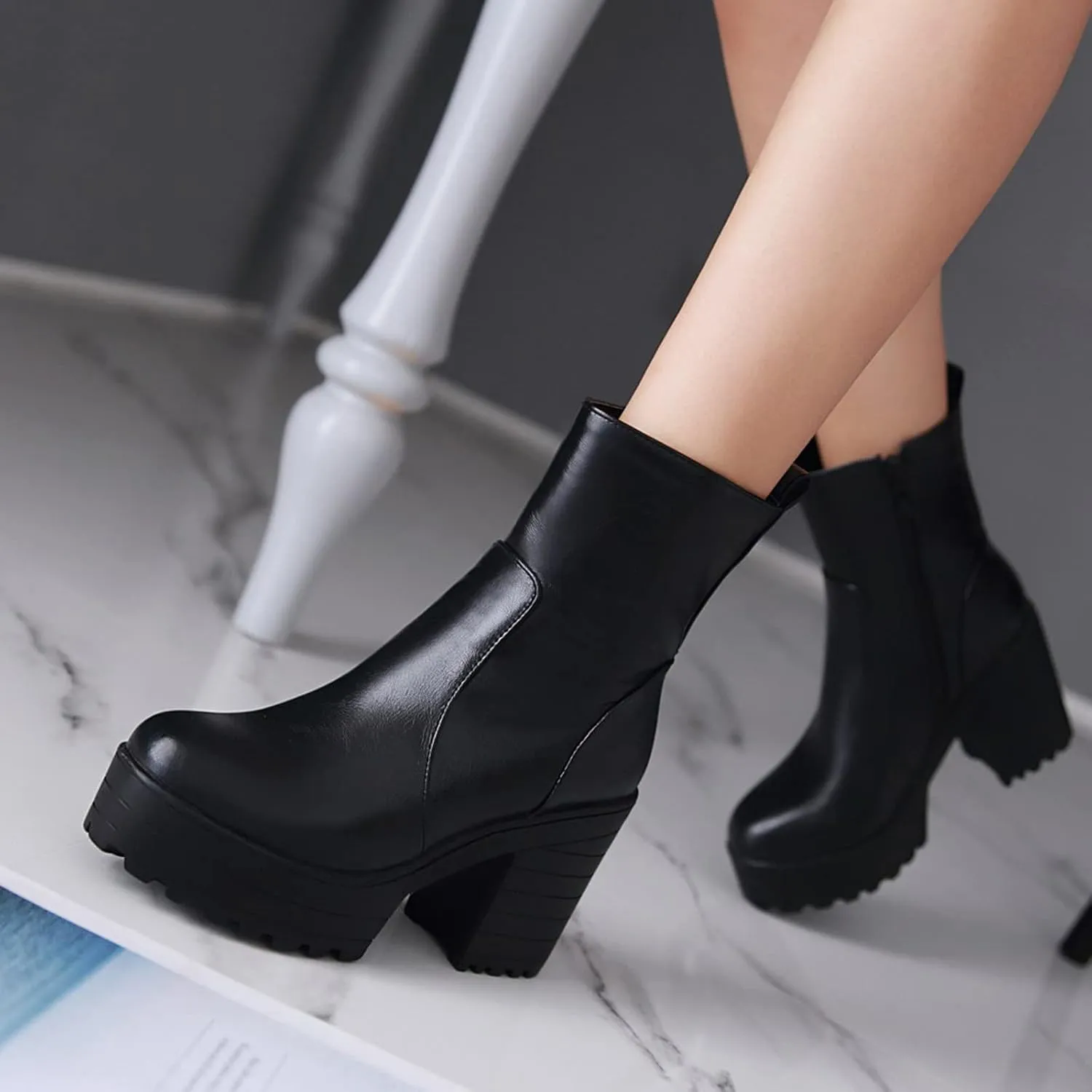 Yck-SAiWed Winter Platform Boots for Women Fashion Lug Sole Ankle Boots Dressy Round Toe Chunky Block Heel Go Go Boots with Side Zipper