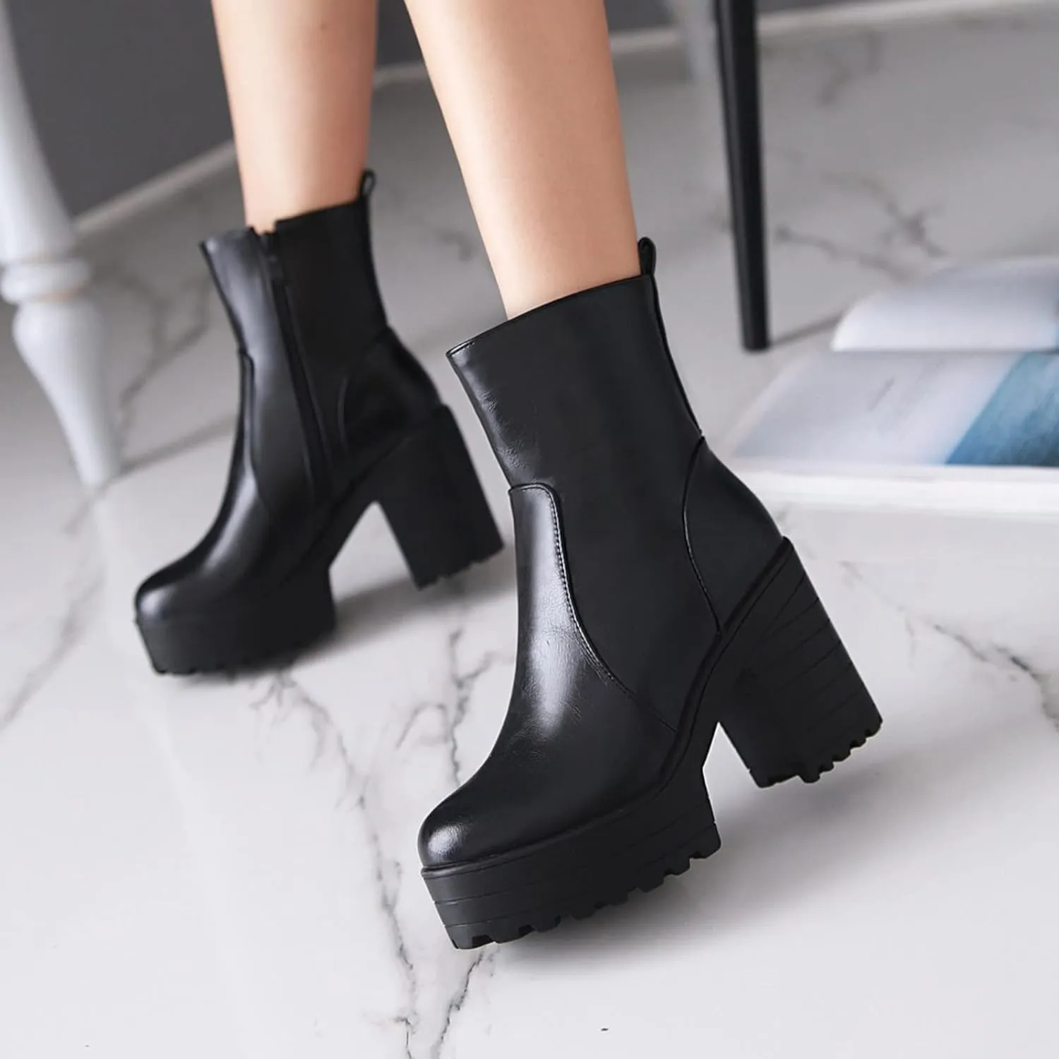 Yck-SAiWed Winter Platform Boots for Women Fashion Lug Sole Ankle Boots Dressy Round Toe Chunky Block Heel Go Go Boots with Side Zipper
