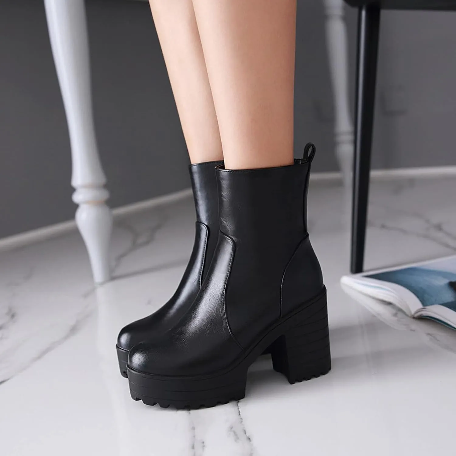 Yck-SAiWed Winter Platform Boots for Women Fashion Lug Sole Ankle Boots Dressy Round Toe Chunky Block Heel Go Go Boots with Side Zipper