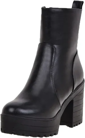 Yck-SAiWed Winter Platform Boots for Women Fashion Lug Sole Ankle Boots Dressy Round Toe Chunky Block Heel Go Go Boots with Side Zipper
