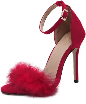 YIBLBOX Women's Feather Heels Open Toe Sandal Fluffy Fur High Heel Shoes Ankle Strap Stiletto Pump for Wedding Party Dance Evening