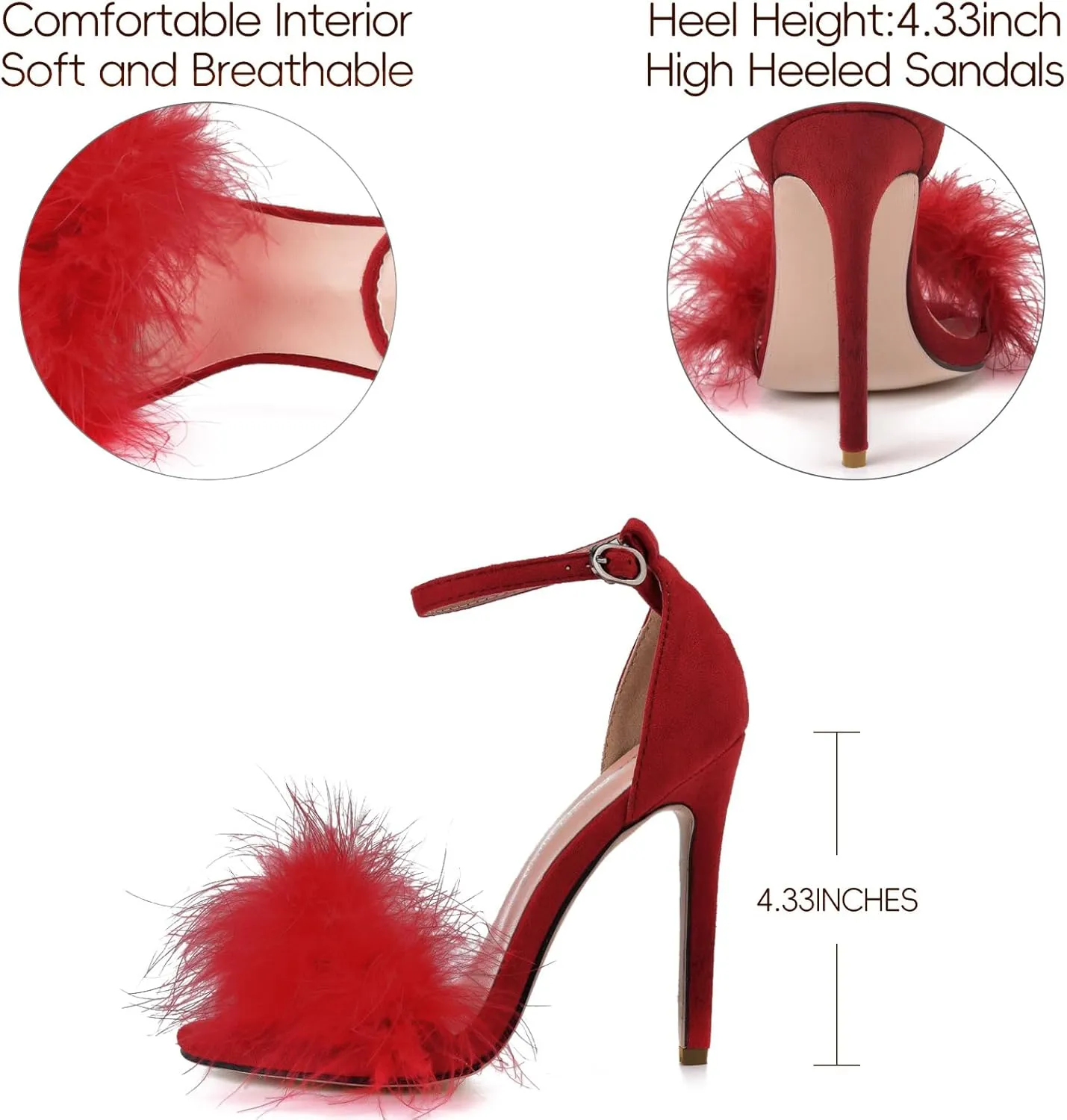 YIBLBOX Women's Feather Heels Open Toe Sandal Fluffy Fur High Heel Shoes Ankle Strap Stiletto Pump for Wedding Party Dance Evening