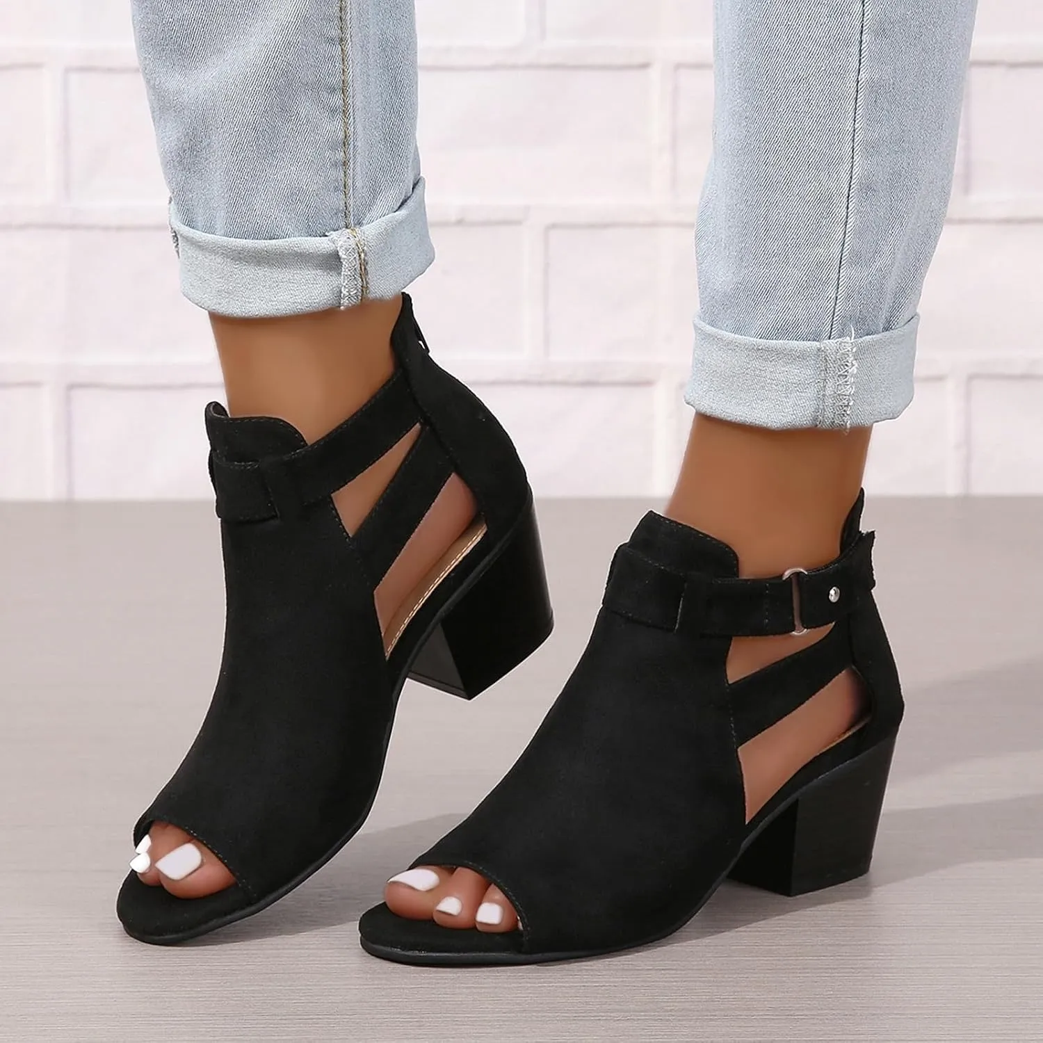 ZBYY Womens Peep Toe Ankle Booties Chunky Heels Cutout Back Zipper Sandals Suede Side Ankle Strap Dress Sandals