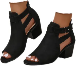 ZBYY Womens Peep Toe Ankle Booties Chunky Heels Cutout Back Zipper Sandals Suede Side Ankle Strap Dress Sandals