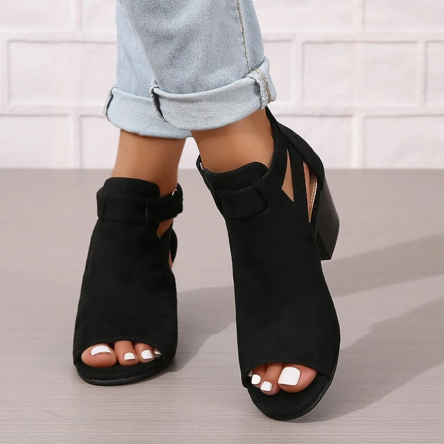 ZBYY Womens Peep Toe Ankle Booties Chunky Heels Cutout Back Zipper Sandals Suede Side Ankle Strap Dress Sandals