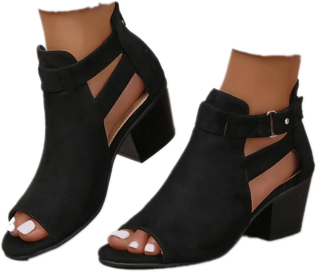 ZBYY Womens Peep Toe Ankle Booties Chunky Heels Cutout Back Zipper Sandals Suede Side Ankle Strap Dress Sandals