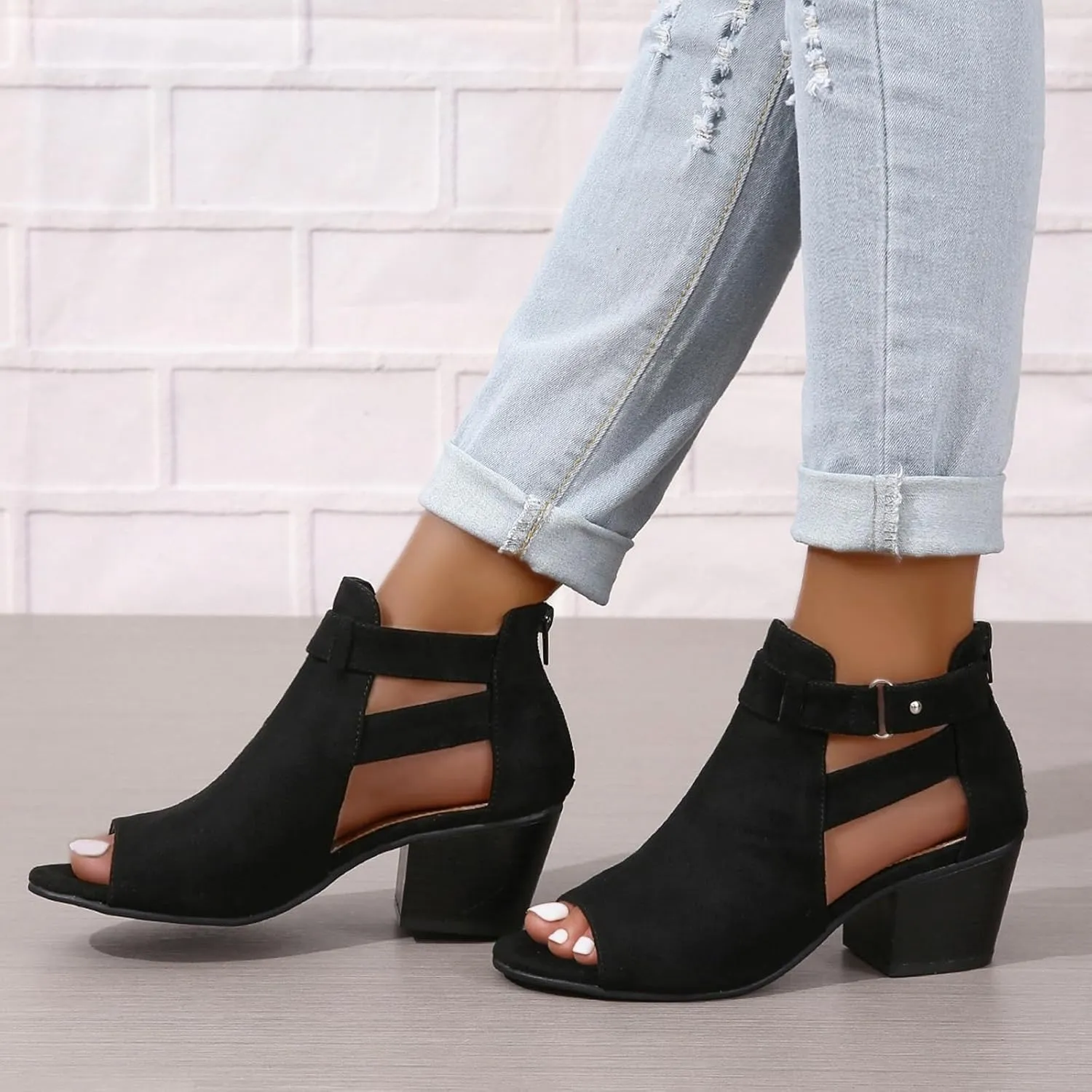 ZBYY Womens Peep Toe Ankle Booties Chunky Heels Cutout Back Zipper Sandals Suede Side Ankle Strap Dress Sandals