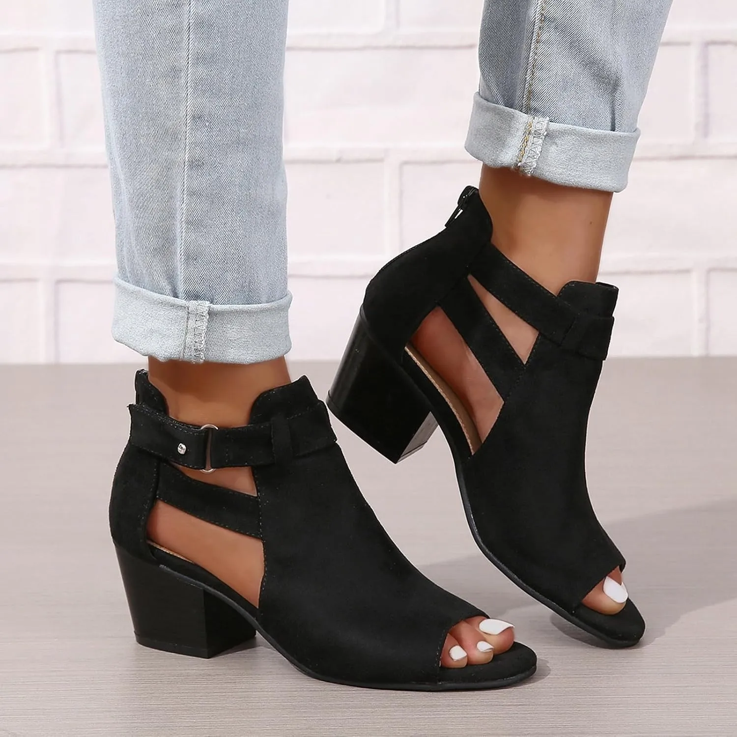 ZBYY Womens Peep Toe Ankle Booties Chunky Heels Cutout Back Zipper Sandals Suede Side Ankle Strap Dress Sandals